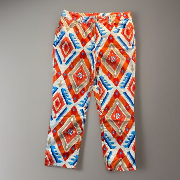 Platinum By Chicos White & Orange Blue Stretch Tribal Crop Jeans Pants Size 1 - Picture 1 of 7